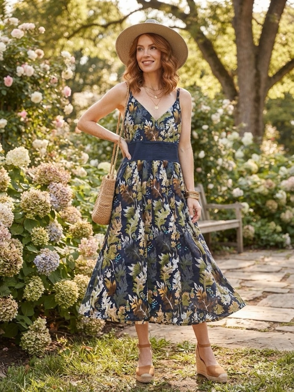 Daniel Laurent Navy Blue Botanical Leaf 100% Cotton Smocked Maxi Dress Boho Chic